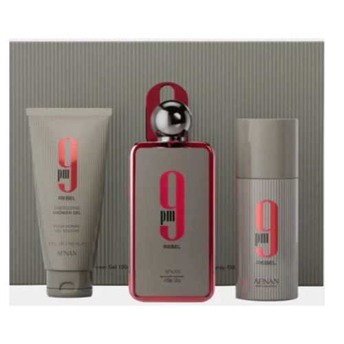 SET AFNAN 9 PM REBEL UNISEX ( 3 PC ) 3.4 OZ EDP SP / 5.0 OZ SG / 5.0 OZ  DEO | wmafusion:6290171077152