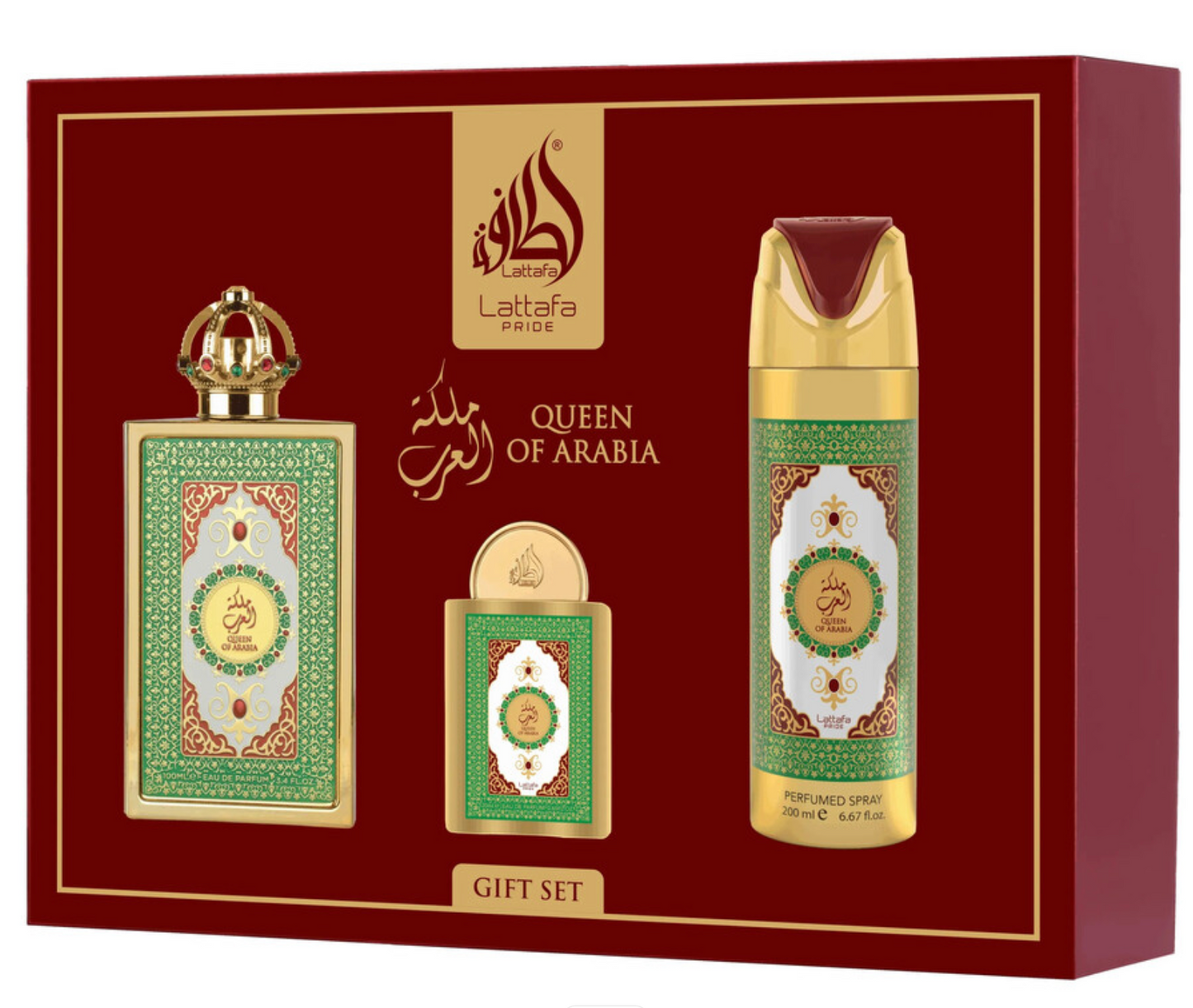 SET LATTAFA PRIDE QUEEN OF ARABIA WOMEN ( 3 PC )3.4 OZ EDP SP \ 0.68 OZ EDP \ 6.8 OZ BODY SPRAY | wmafusion:6290362348009