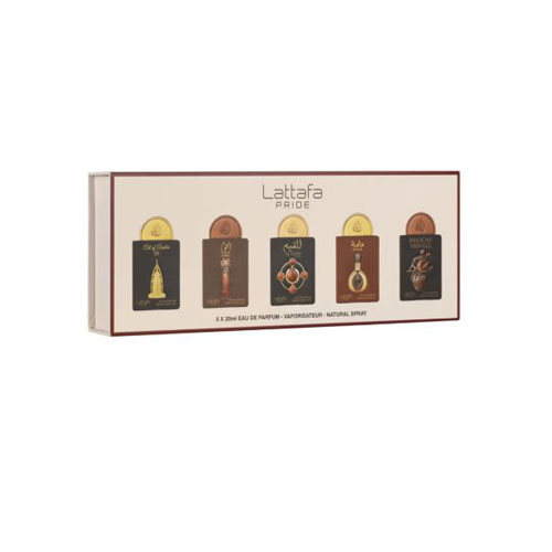 SET LATTAFA PRIDE X0.67 OZ/20 ML ( 5 PC )ART OF ARABIA III/ AJWAA / AL QIAM GOLD / MASABRIOCHE VANILLE - EAU DE PARFUM (EDP)