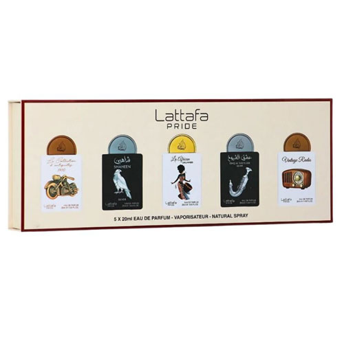 SET LATTAFA PRIDE X0.67 OZ/20 ML ( 5 PC ) BIKE 1910 / SHAHEEN SILVER /AFRICAN DRUMMER /SHUYUKH SILVER/VINTAGE RADIO - EAU DE PARFUM (EDP)